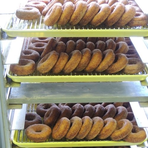 Racks of freshly made cinnamon sugar apple donuts on cooling trays